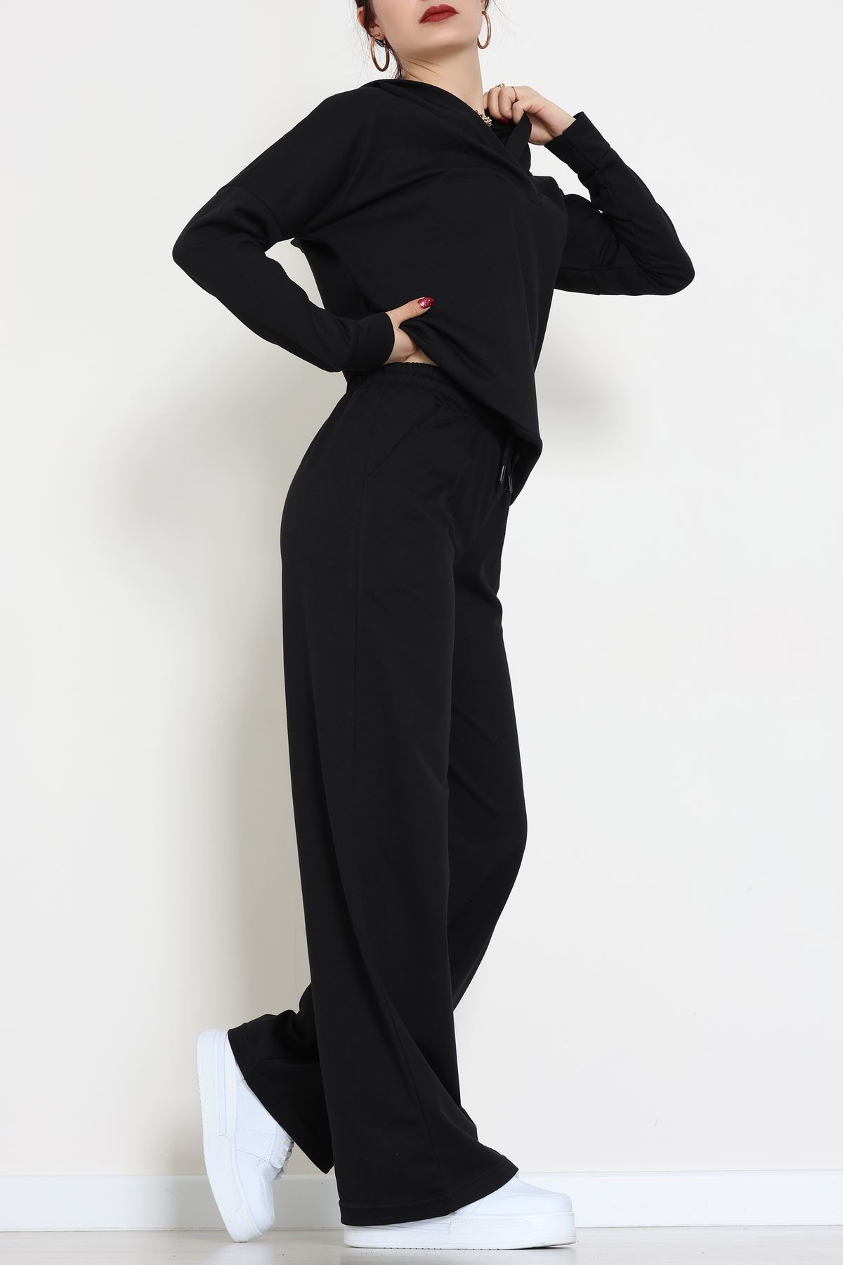 Kruvaze Yaka Kapşonlu Takım Siyah - 30094.1857.