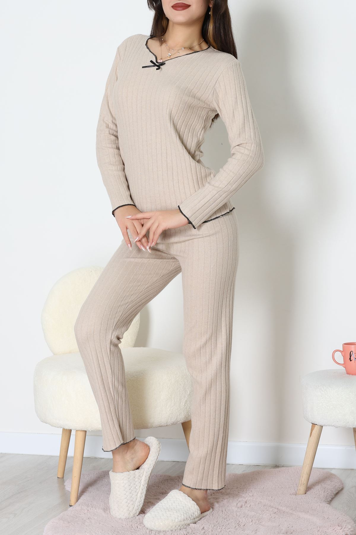 Fitilli İnterlok Pijama Takımı Koyubej - 70796.1048.