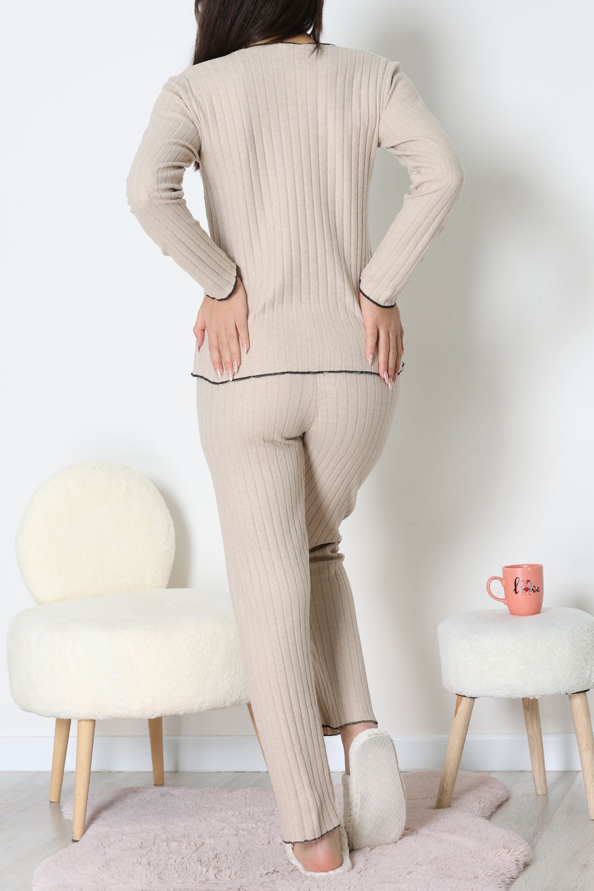 Fitilli İnterlok Pijama Takımı Koyubej - 70796.1048.