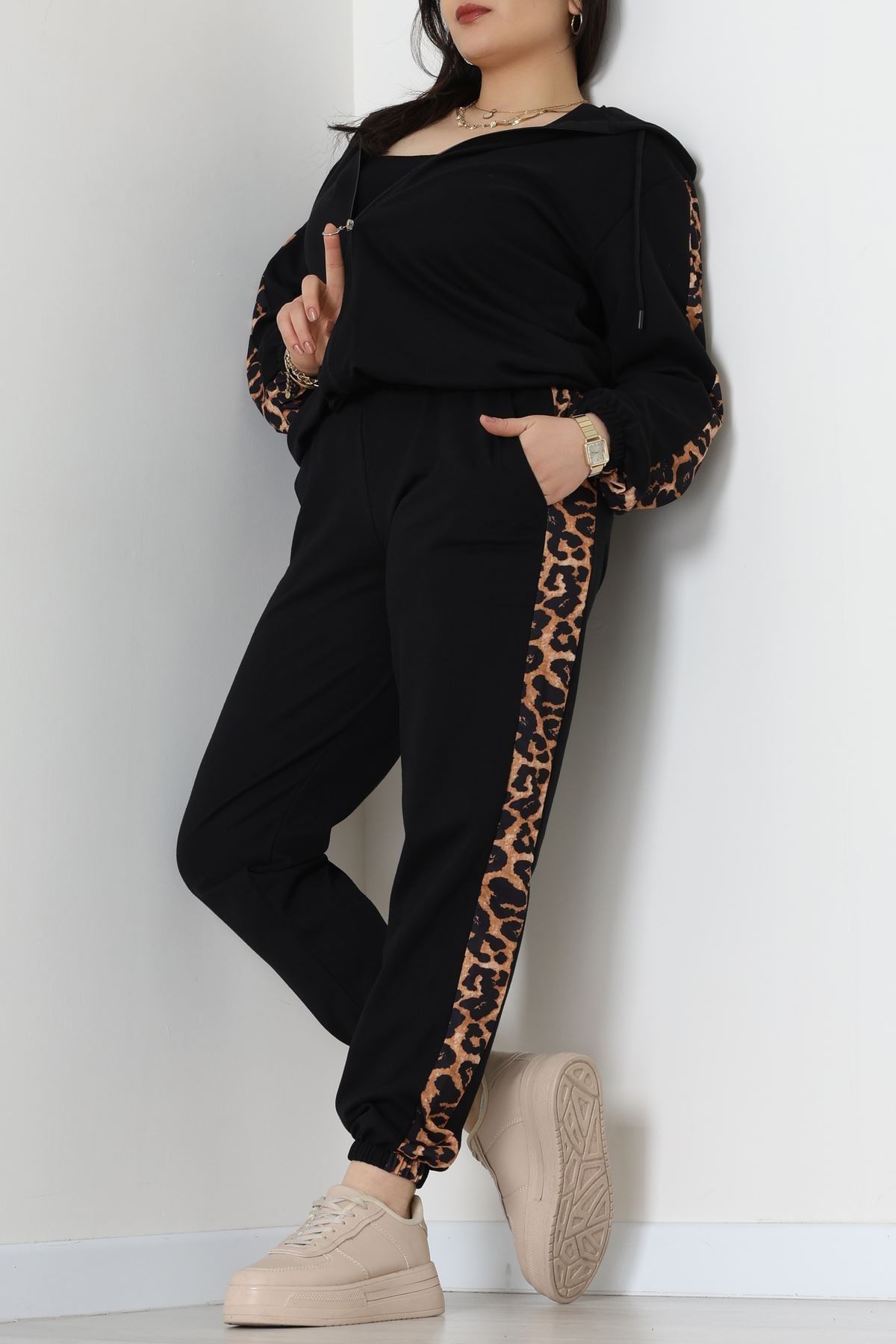 Şeritli 2 İplik Büyük Beden Eşofman Takımı Siyah - 50806.1857.