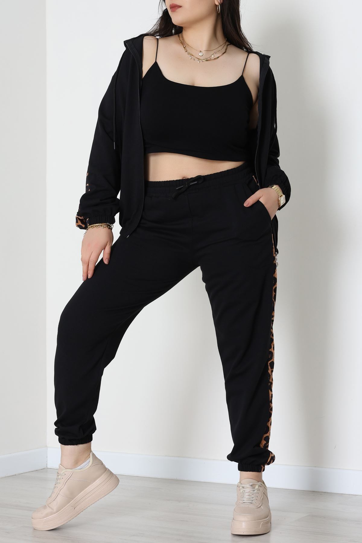 Şeritli 2 İplik Büyük Beden Eşofman Takımı Siyah - 50806.1857.