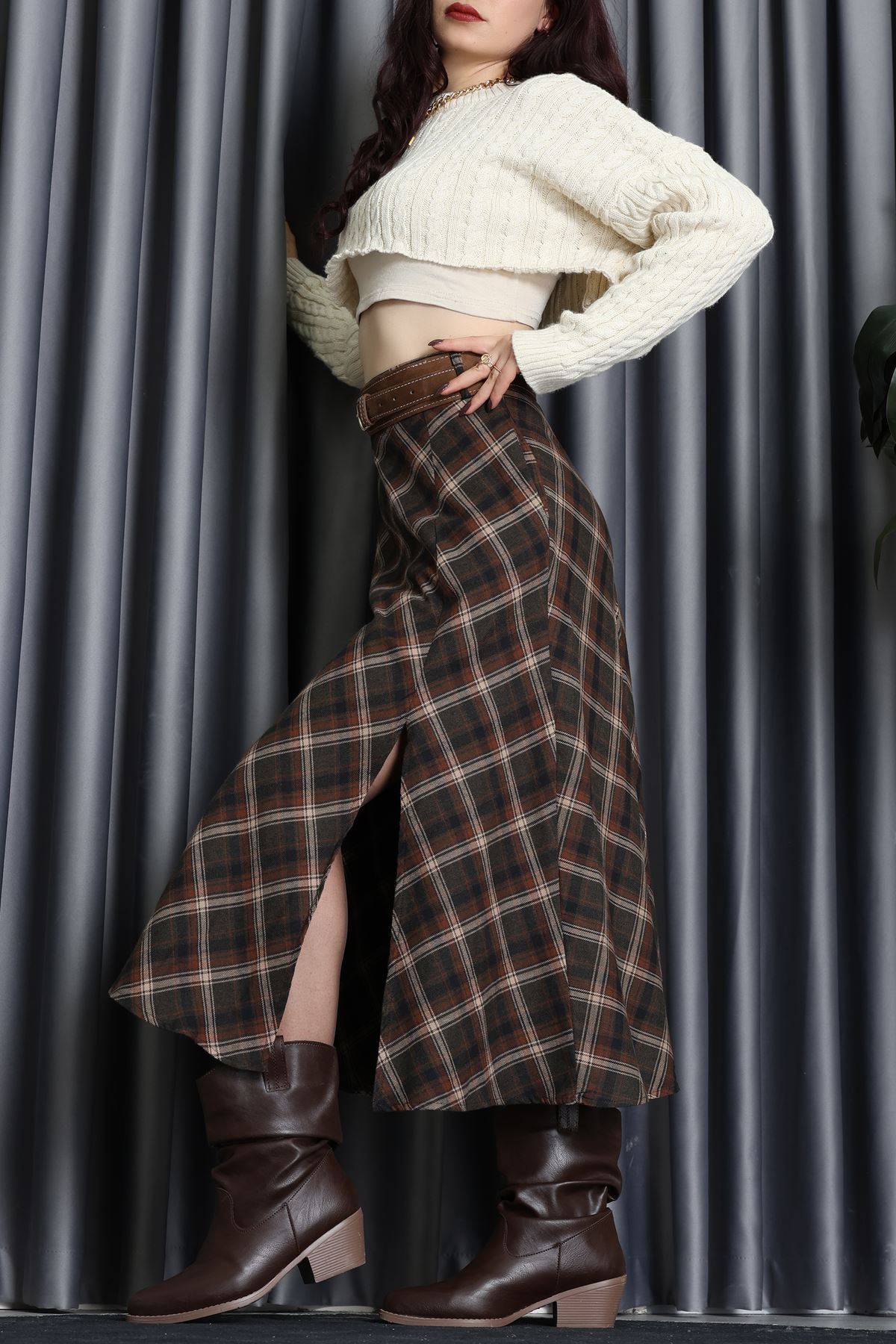 Ekose Kemerli Etek Kahve - 3365.1995.