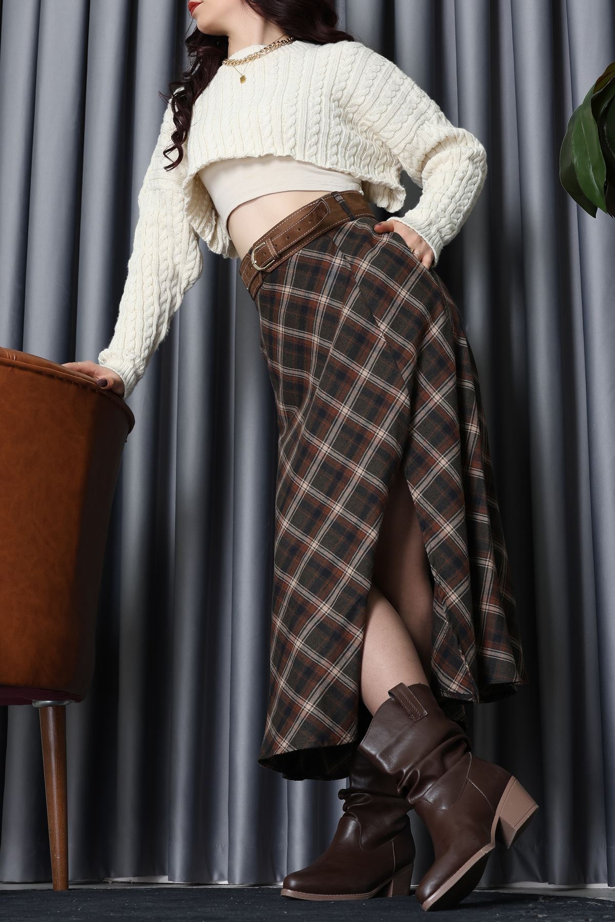 Ekose Kemerli Etek Kahve - 3365.1995.