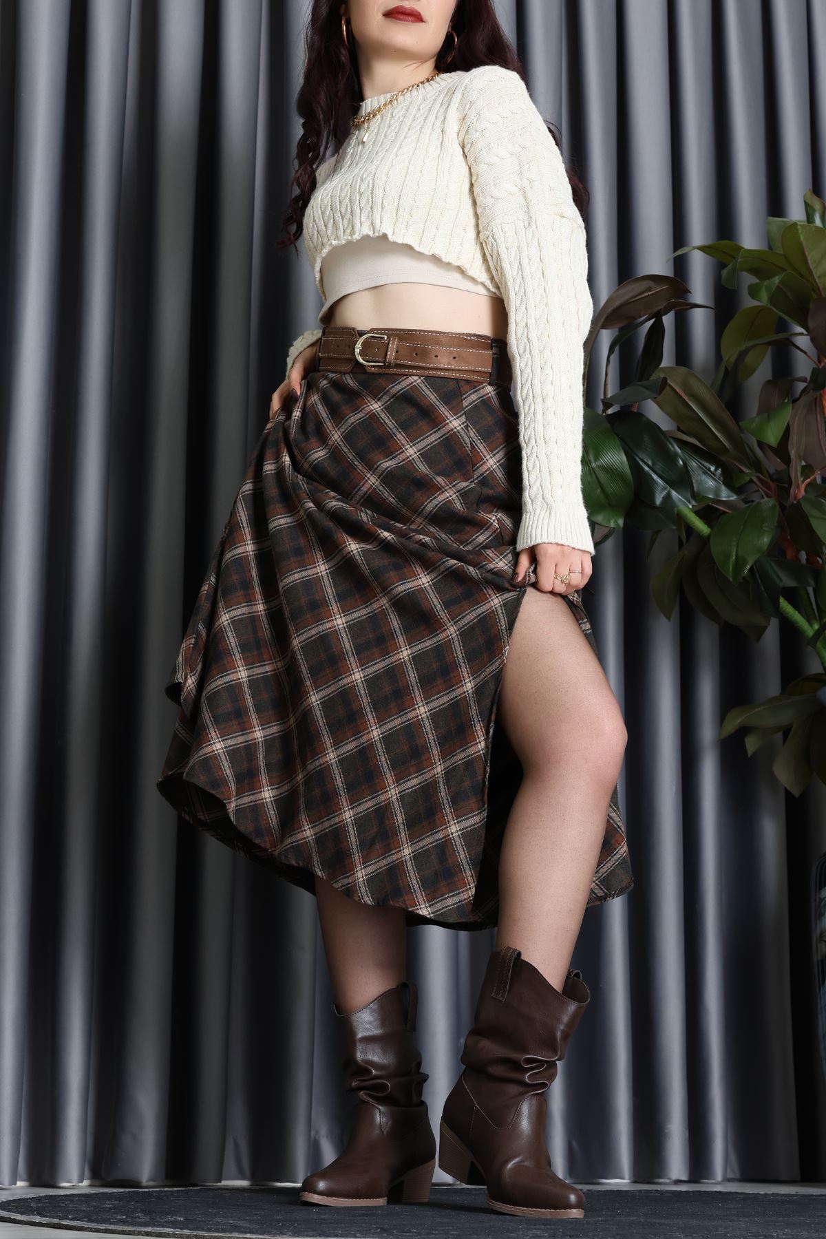 Ekose Kemerli Etek Kahve - 3365.1995.