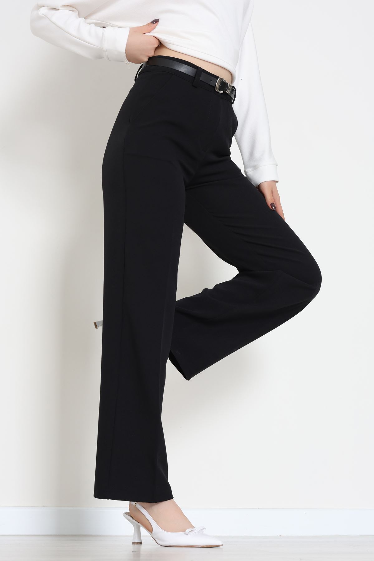 Dabıl Kumaş Kemerli Palazzo Pantolon Siyah - 51113.1920.