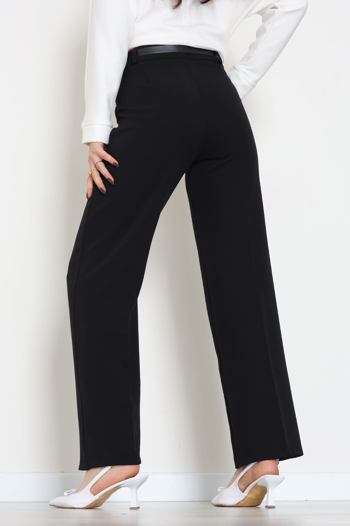 Dabıl Kumaş Kemerli Palazzo Pantolon Siyah - 51113.1920.