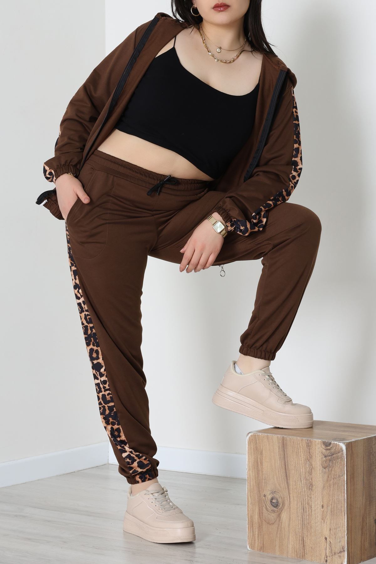 Şeritli 2 İplik Büyük Beden Eşofman Takımı Kahve - 50806.1857.