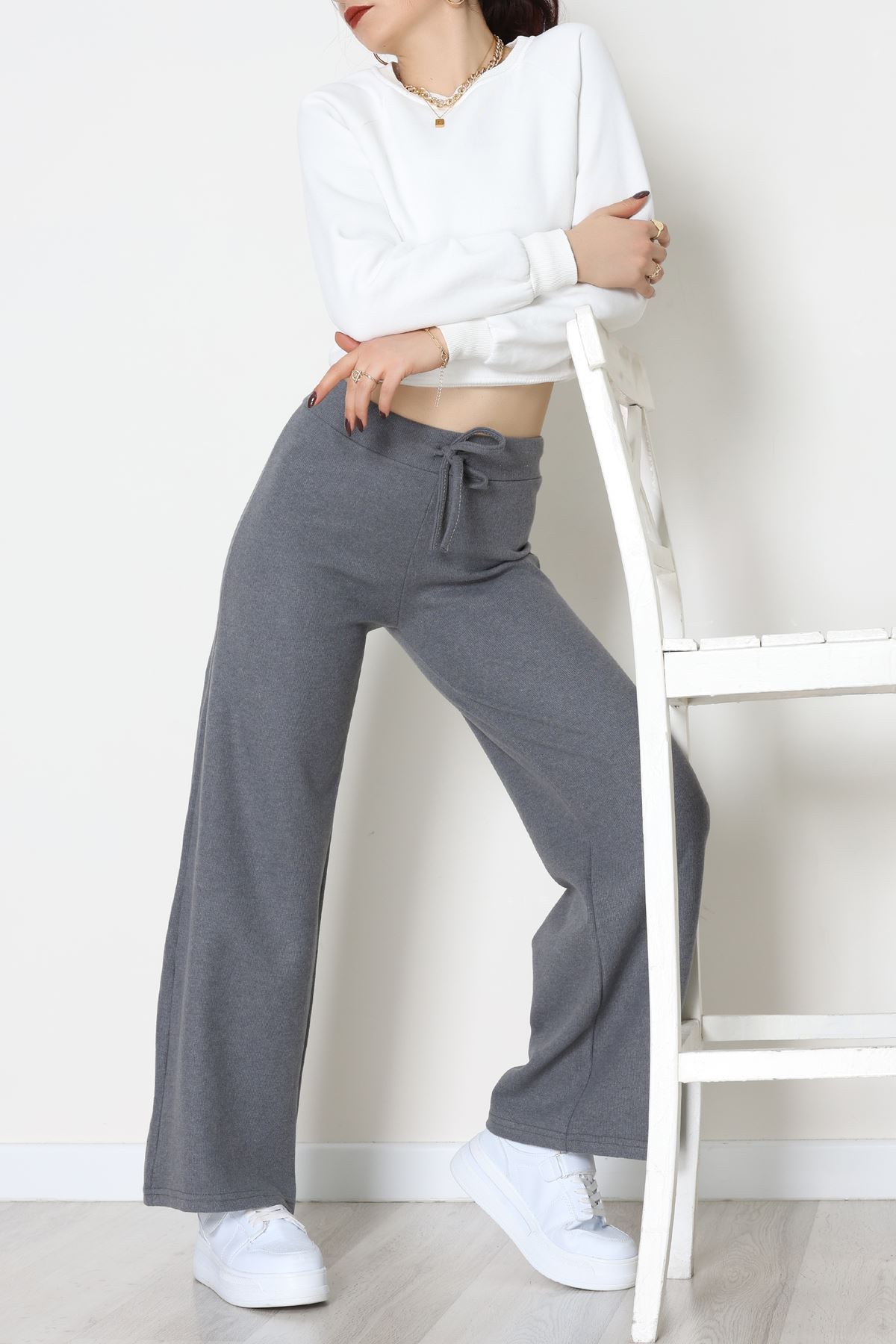 Selanik Kumaş Bel Lastikli Palazzo Pantolon Antrasit - 51228.1567.