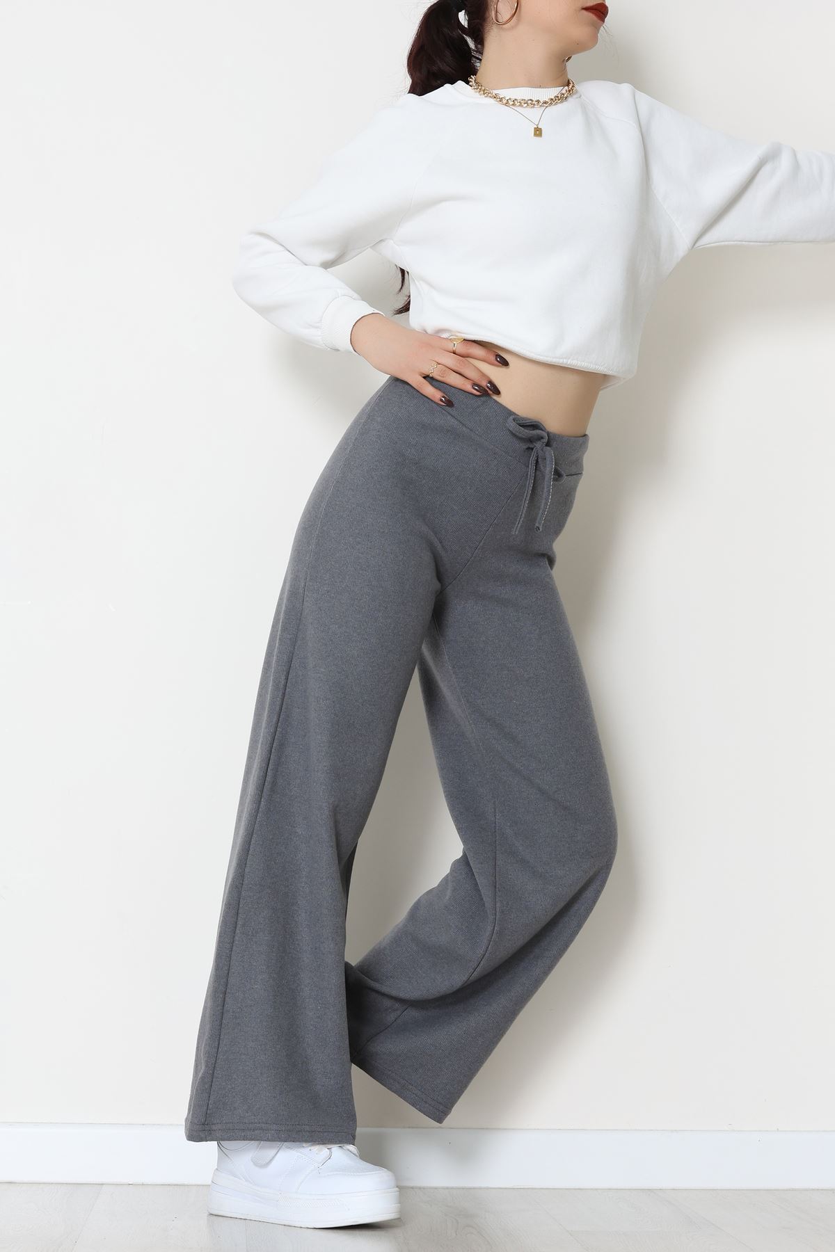 Selanik Kumaş Bel Lastikli Palazzo Pantolon Antrasit - 51228.1567.