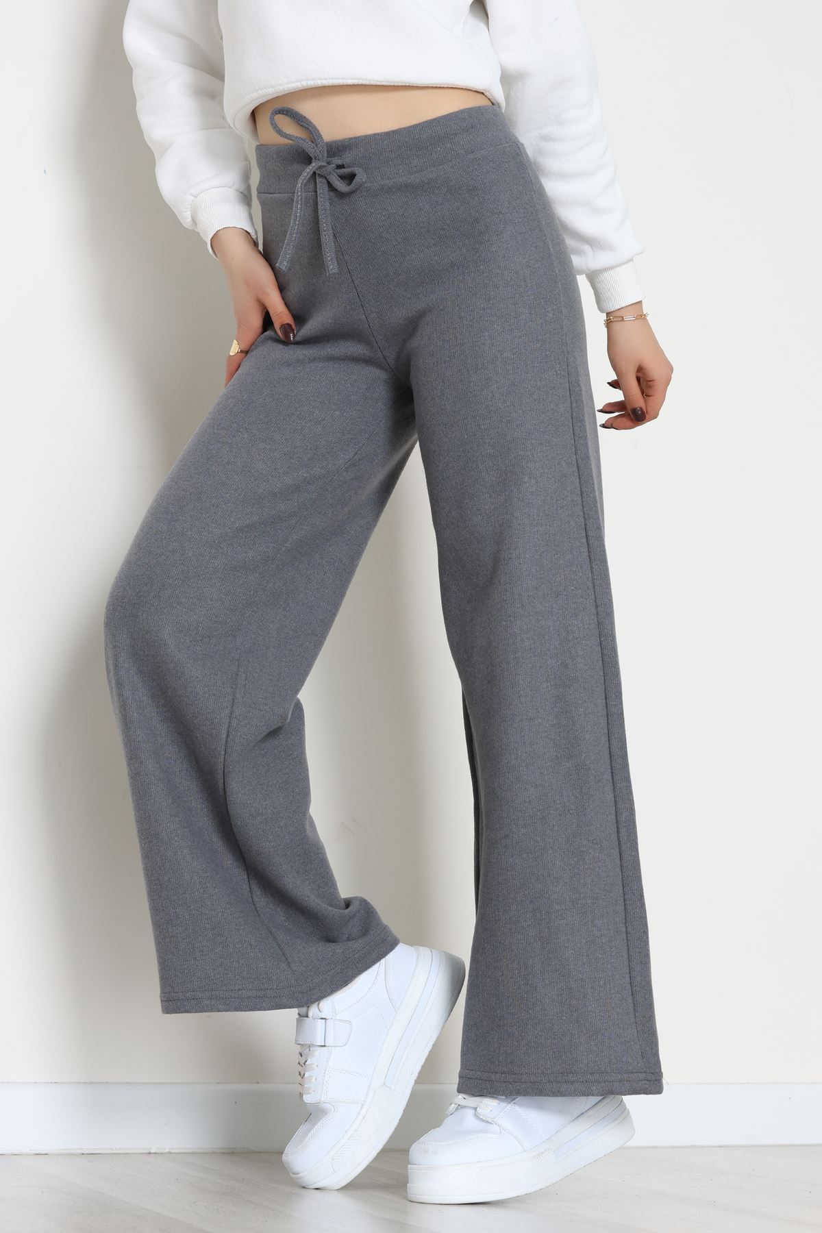 Selanik Kumaş Bel Lastikli Palazzo Pantolon Antrasit - 51228.1567.