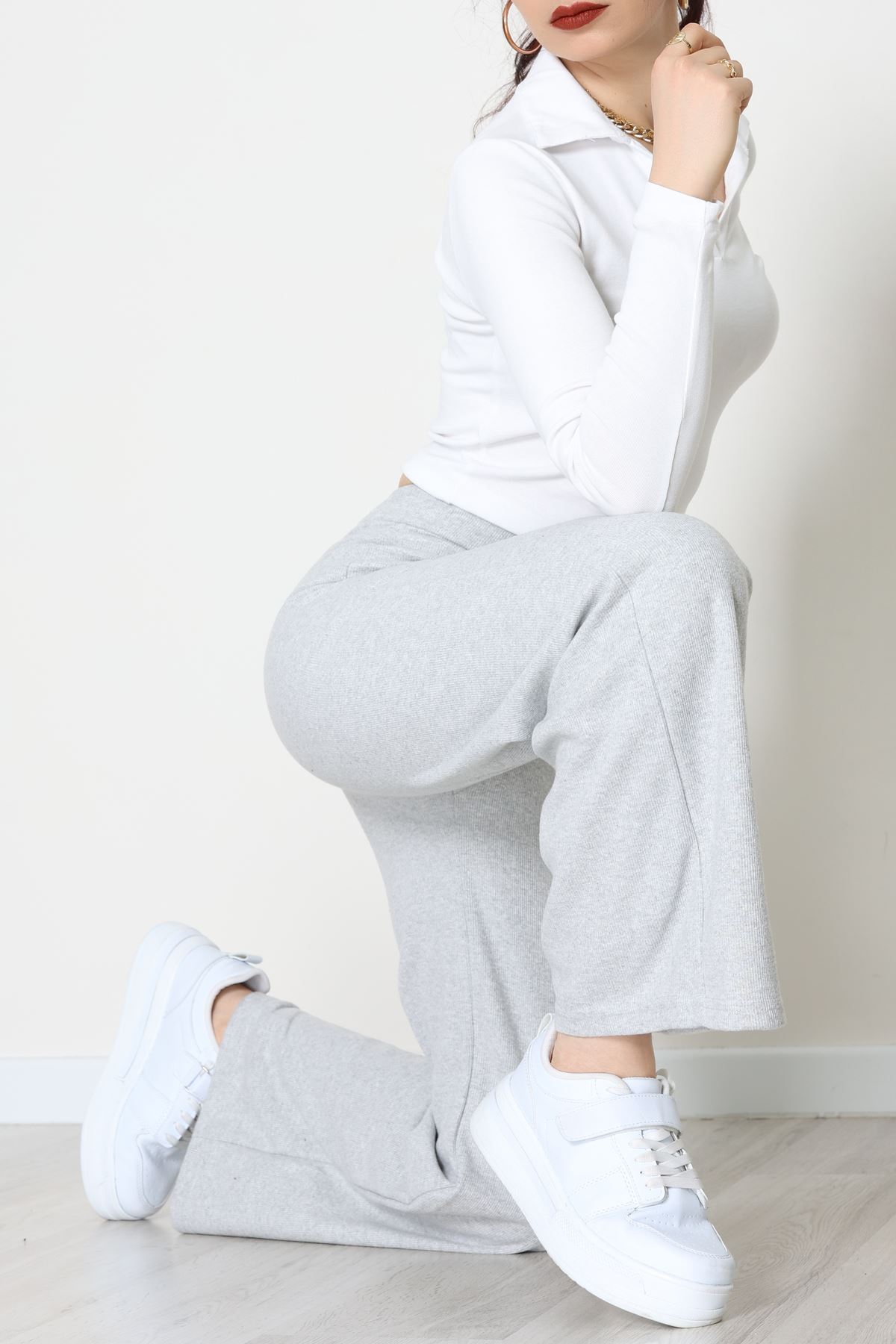 Selanik Kumaş Bel Lastikli Palazzo Pantolon Gri - 51228.1567.