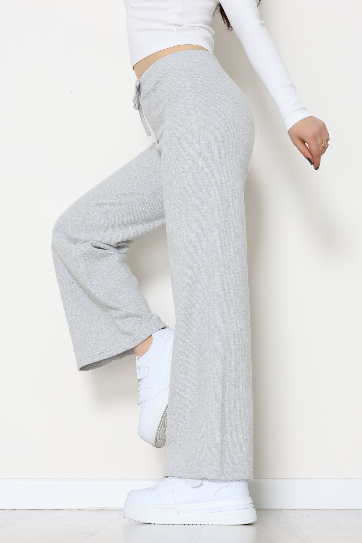 Selanik Kumaş Bel Lastikli Palazzo Pantolon Gri - 51228.1567.