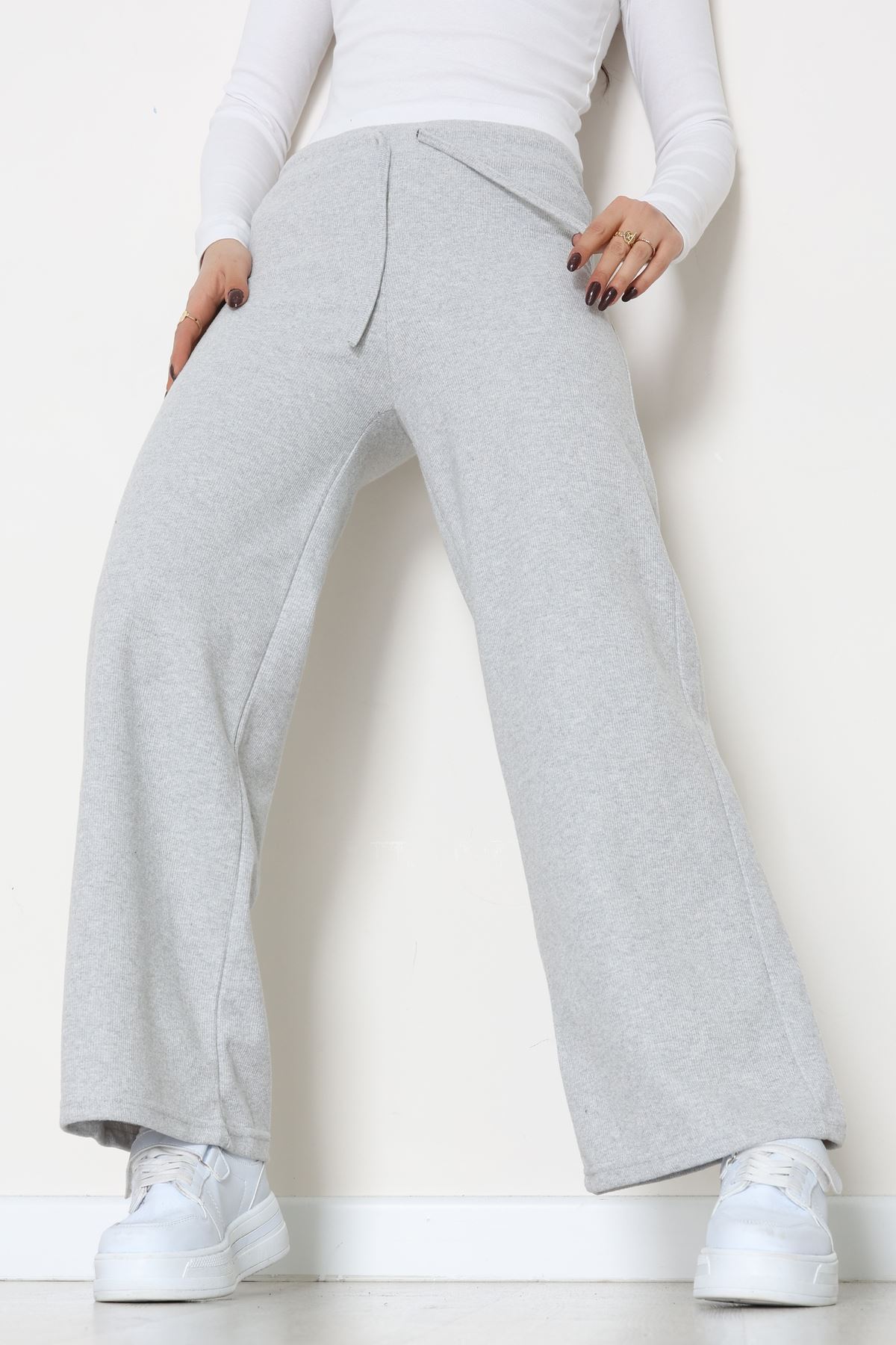 Selanik Kumaş Bel Lastikli Palazzo Pantolon Gri - 51228.1567.