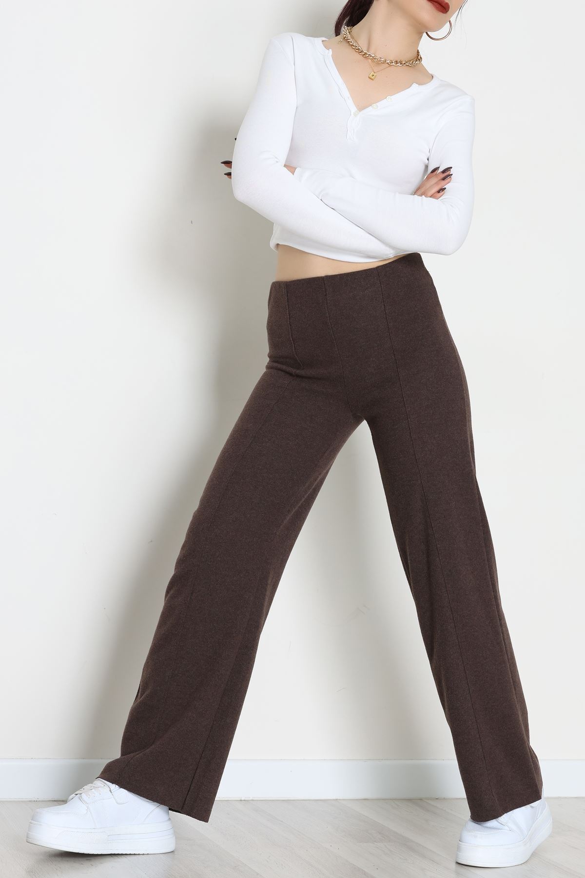 Selanik Kumaş Bel Lastikli Çımalı Pantolon Kahve - 51226.1567.