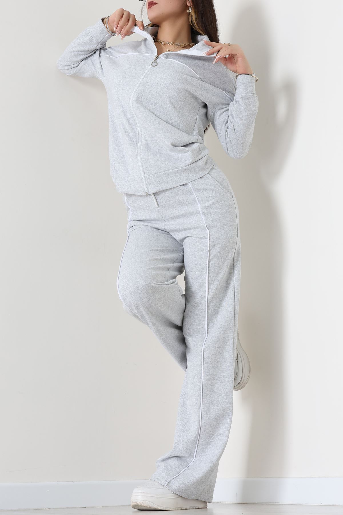 Biyeli Dik Yaka 2 İplik Eşofman Takımı Gri - 40030.1857.