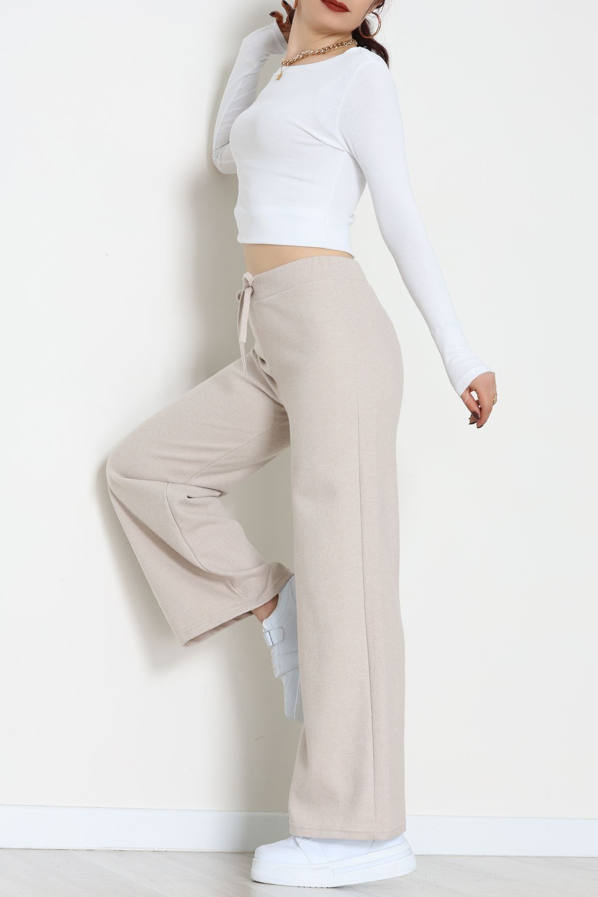 Selanik Kumaş Bel Lastikli Palazzo Pantolon Bej - 51228.1567.