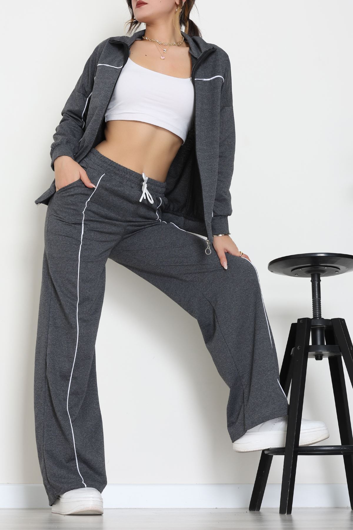 Biyeli Dik Yaka 2 İplik Eşofman Takımı Füme - 40030.1857.