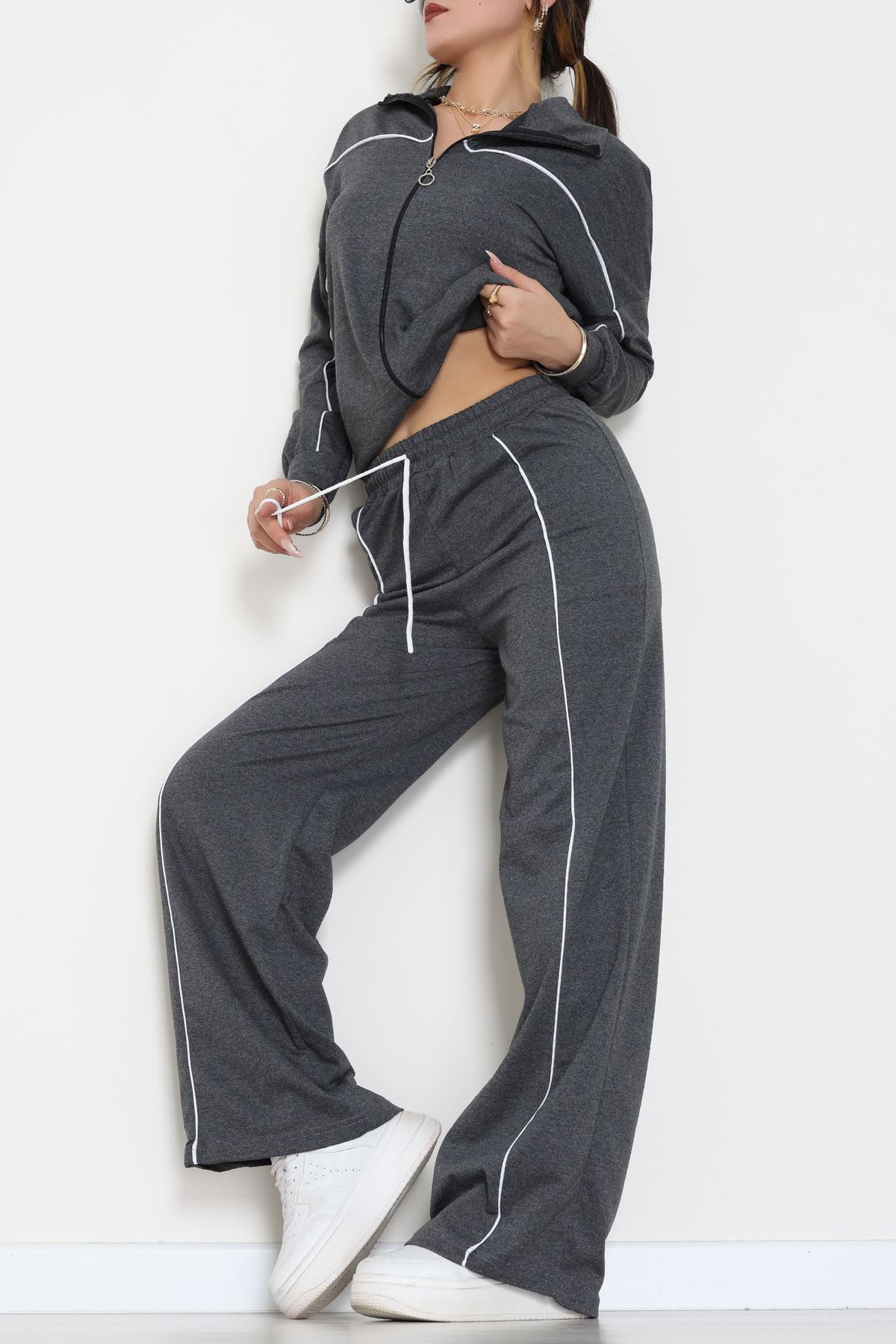 Biyeli Dik Yaka 2 İplik Eşofman Takımı Füme - 40030.1857.