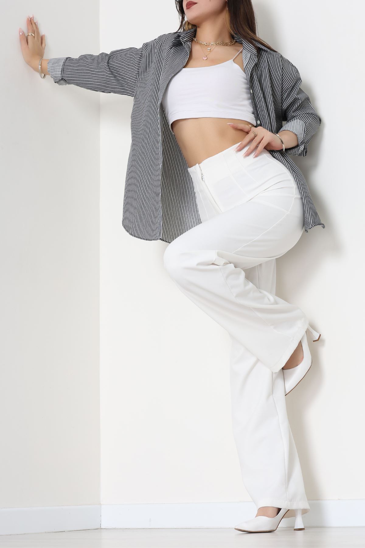 Pamuk Polyester Çizgili Oversize Gömlek Füme - 51052.147.