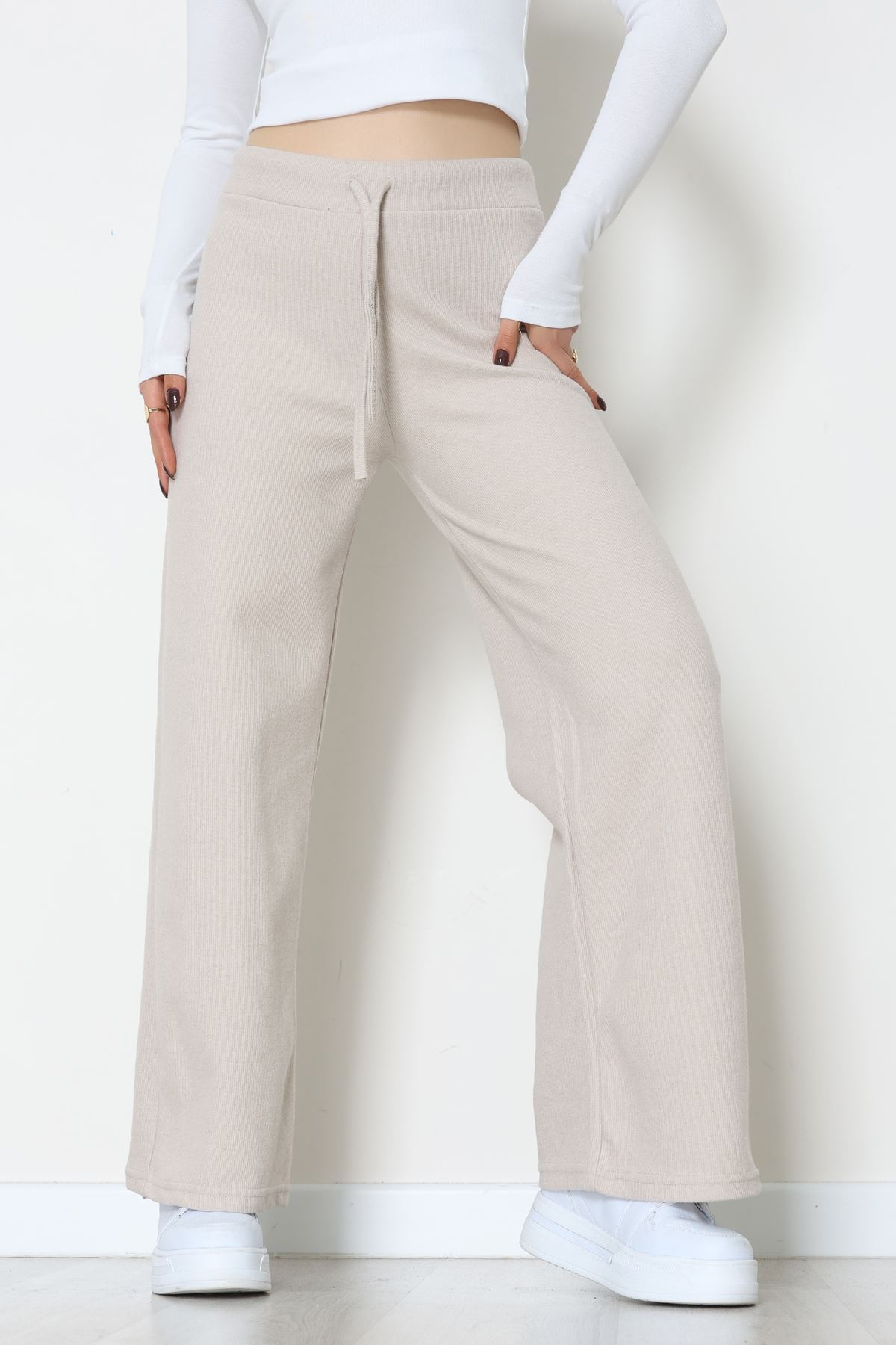 Selanik Kumaş Bel Lastikli Palazzo Pantolon Bej - 51228.1567.