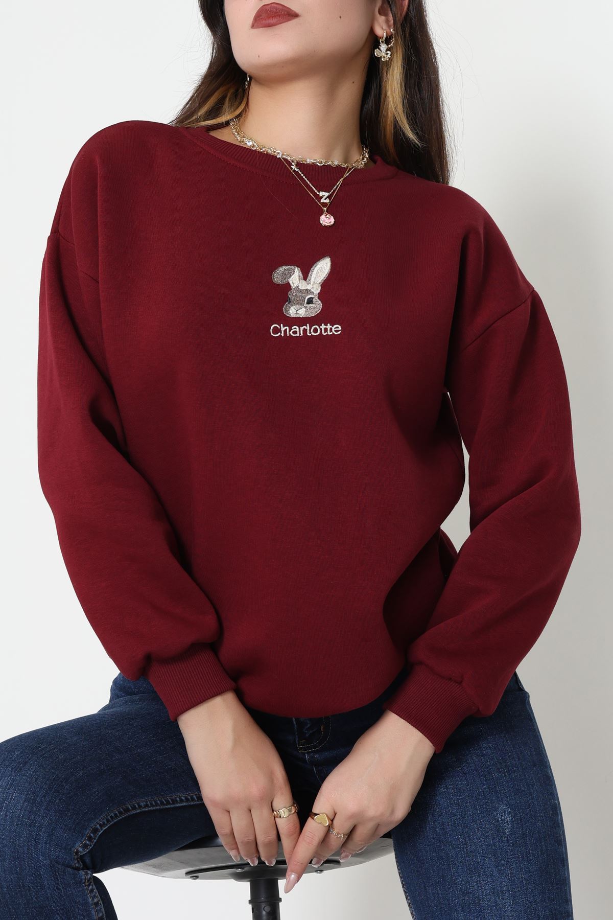 3 İplik Şardonlu Nakışlı Sweat Bordo - 42608.1878.