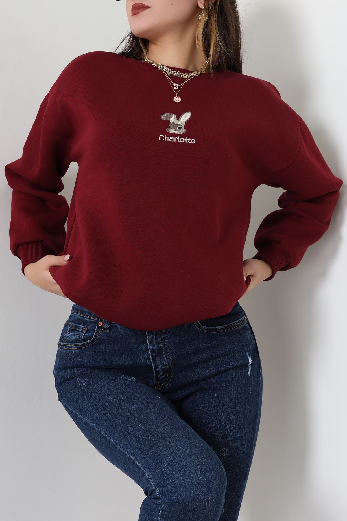 3 İplik Şardonlu Nakışlı Sweat Bordo - 42608.1878.