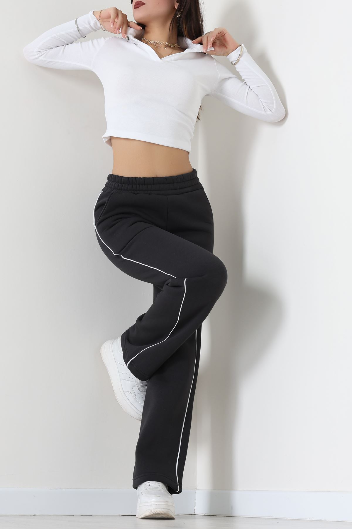 3 İplik Biyeli Palazzo Eşofman Altı Koyufüme - 30104.1878.