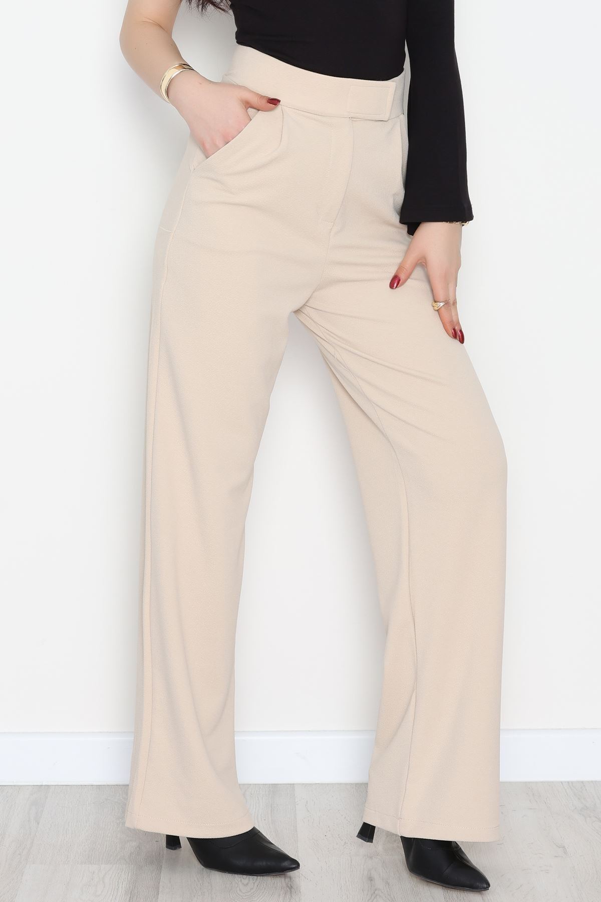 Kemer Cırtlı Krep Pantolon Bej - 20255.1865.