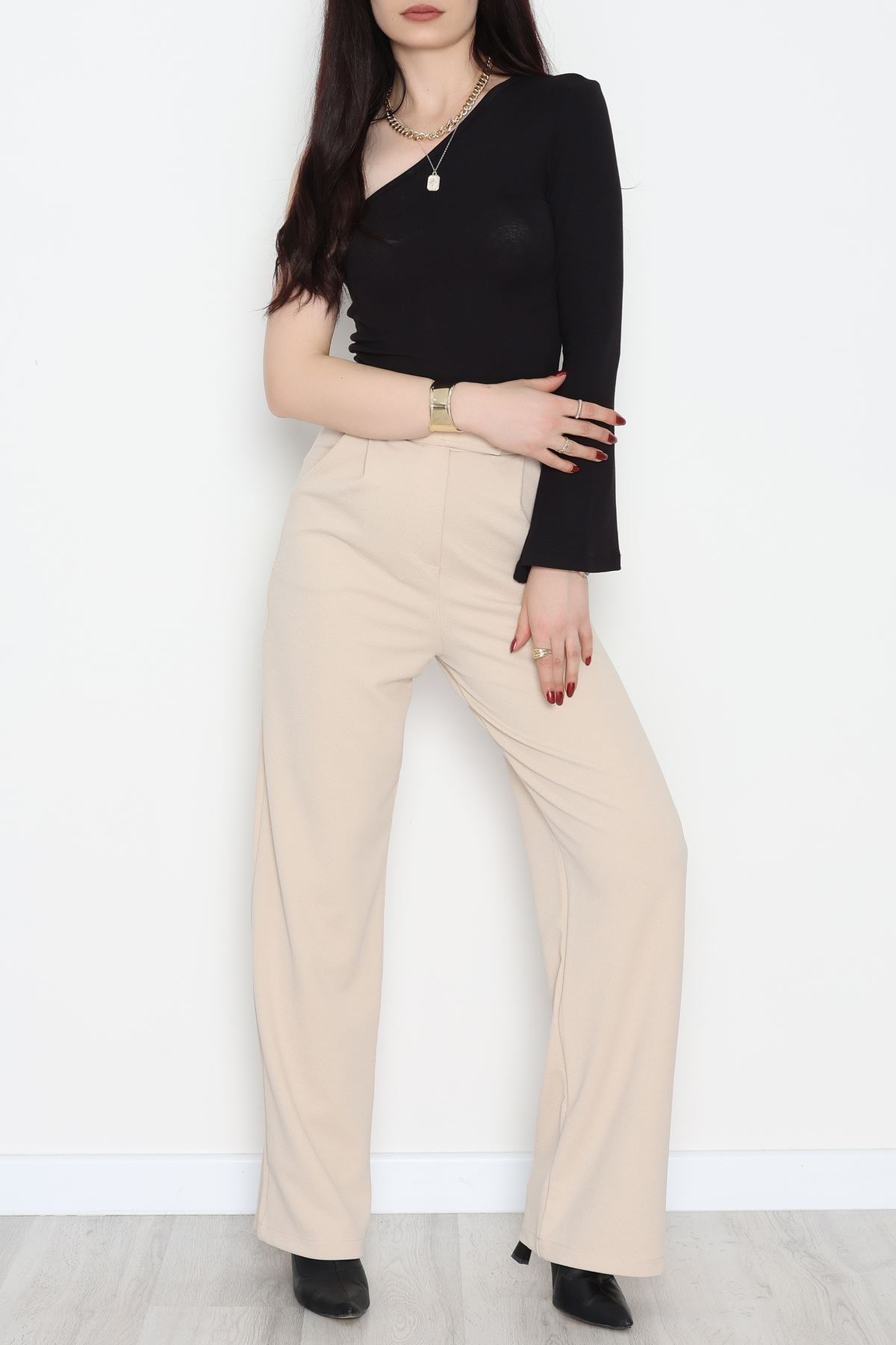 Kemer Cırtlı Krep Pantolon Bej - 20255.1865.