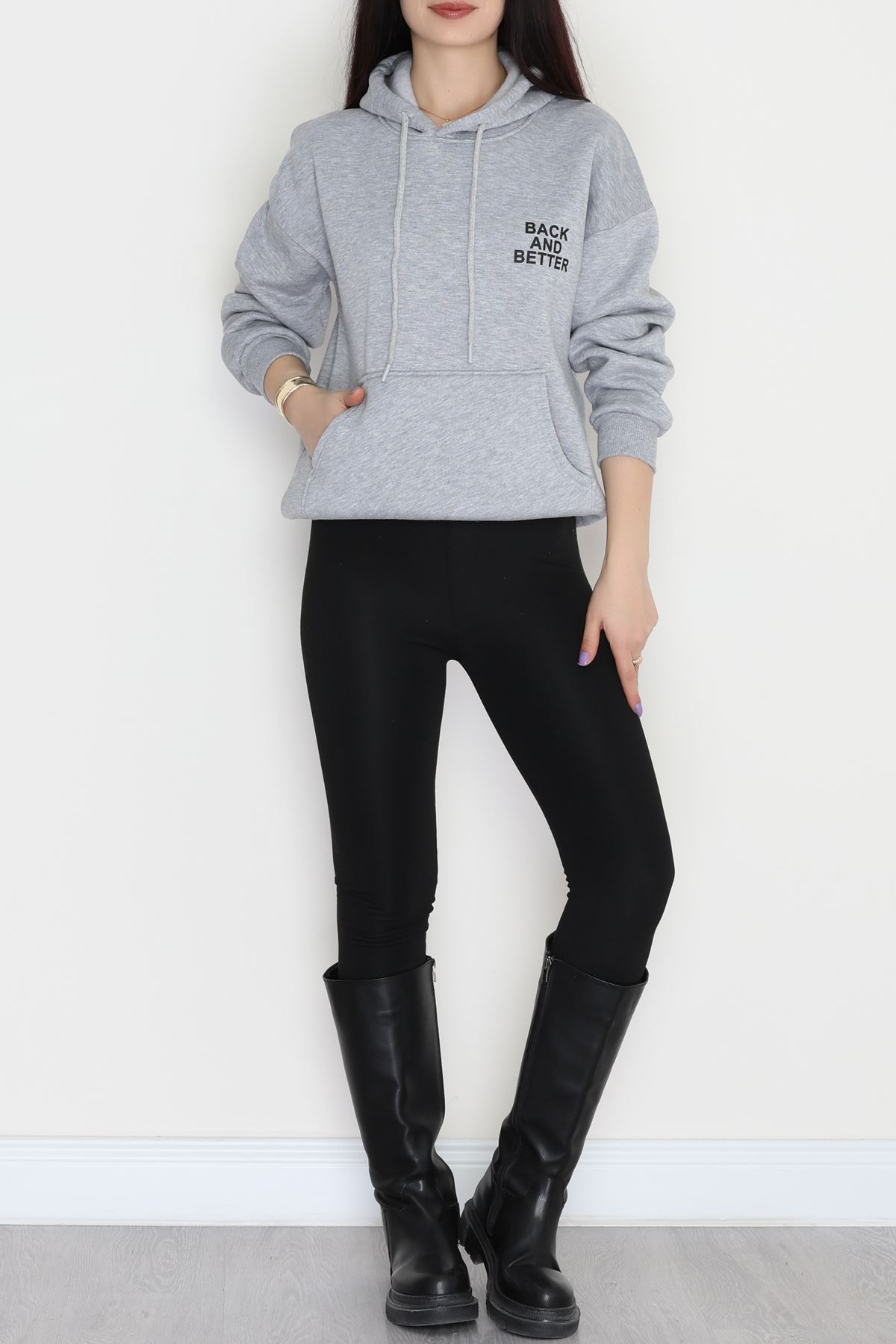 3 İplik Kanguru Cepli Kapşonlu Sweat Gri - 42257.1878.