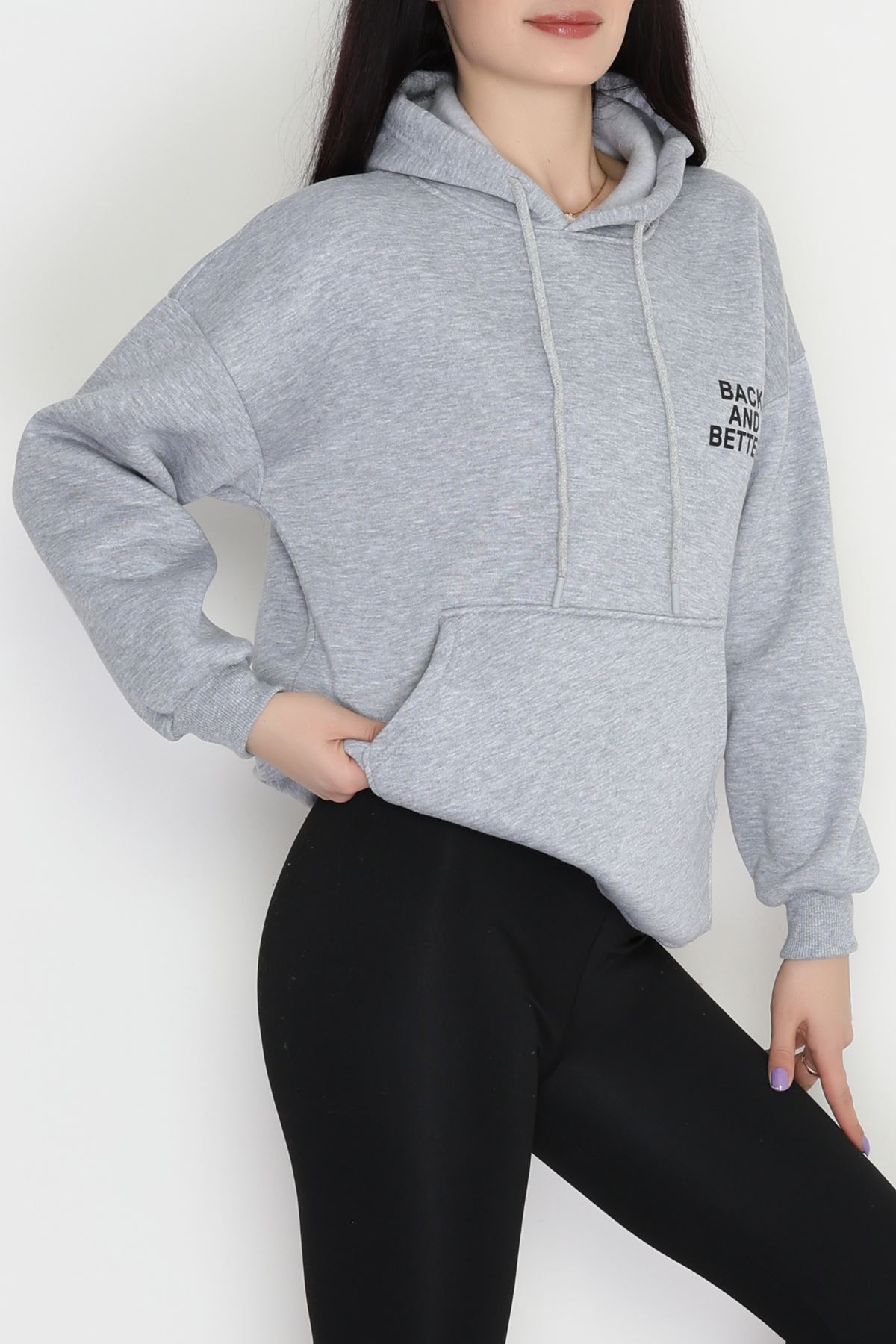 3 İplik Kanguru Cepli Kapşonlu Sweat Gri - 42257.1878.
