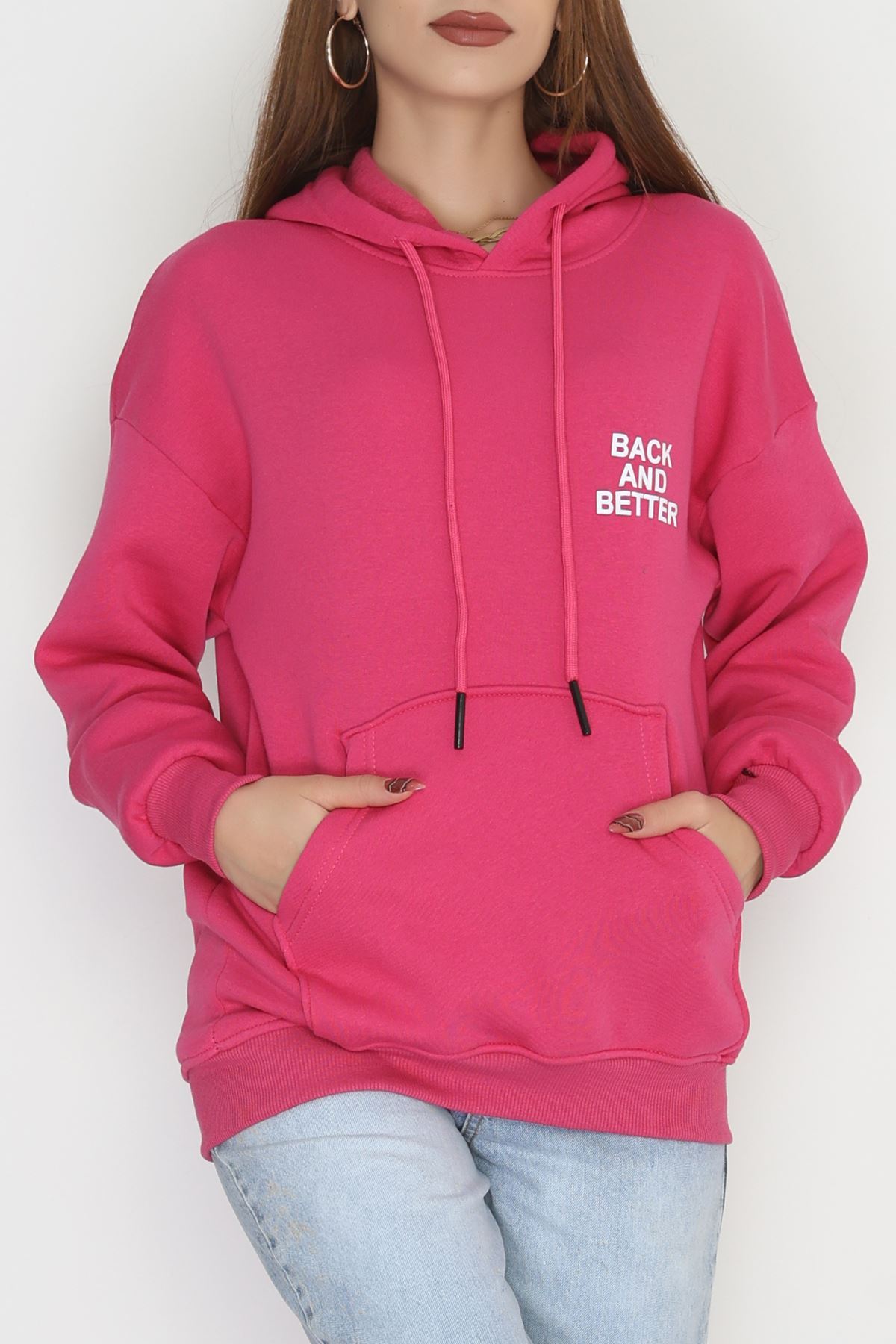 3 İplik Kanguru Cepli Kapşonlu Sweat Fuşyabeyaz - 42257.1878.