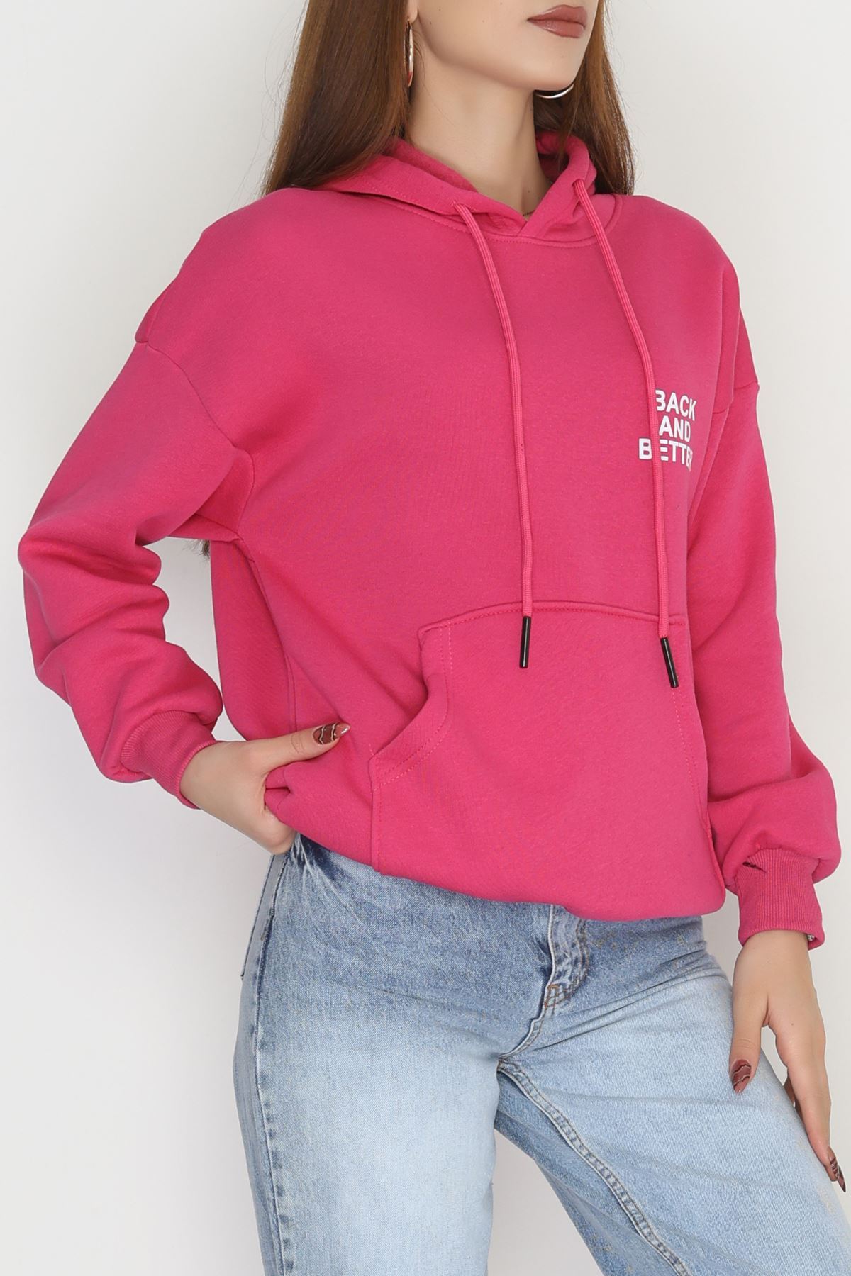 3 İplik Kanguru Cepli Kapşonlu Sweat Fuşyabeyaz - 42257.1878.