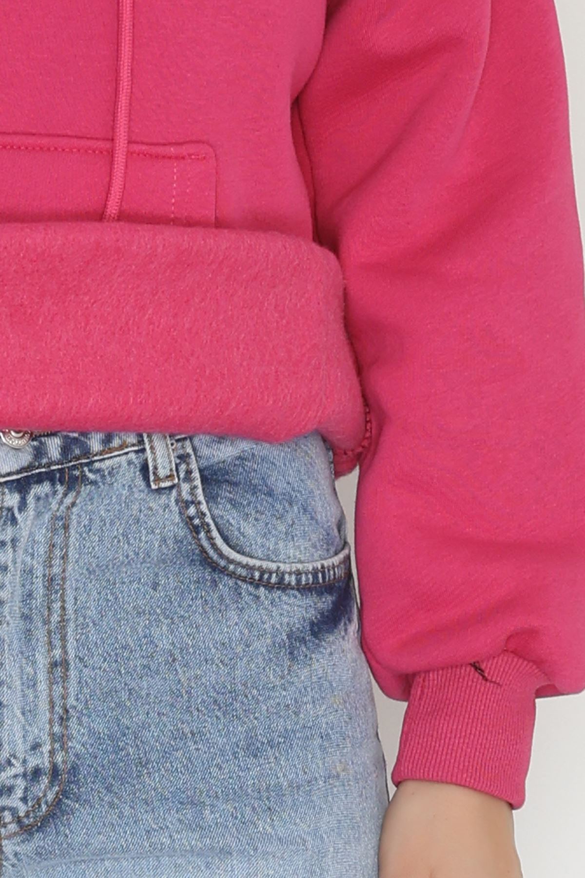 3 İplik Kanguru Cepli Kapşonlu Sweat Fuşyabeyaz - 42257.1878.