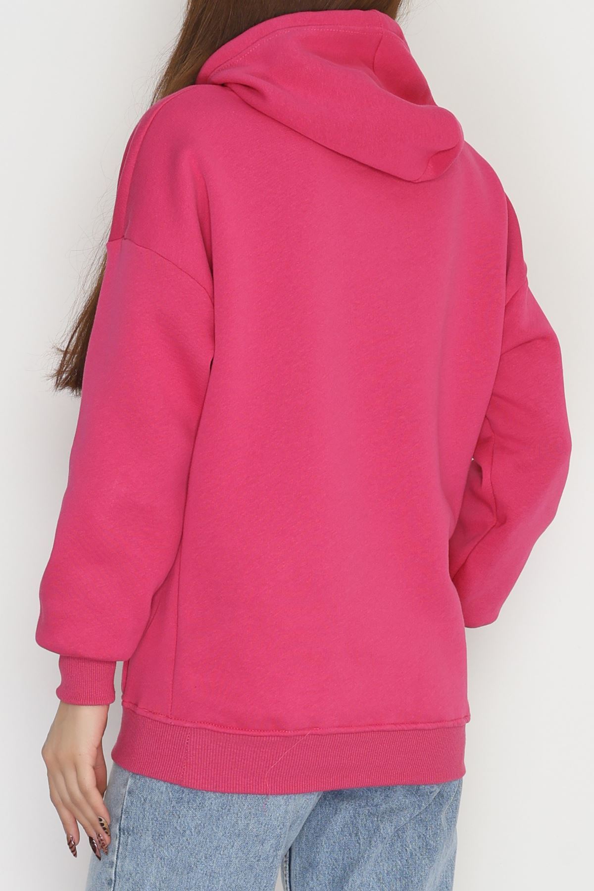 3 İplik Kanguru Cepli Kapşonlu Sweat Fuşyabeyaz - 42257.1878.