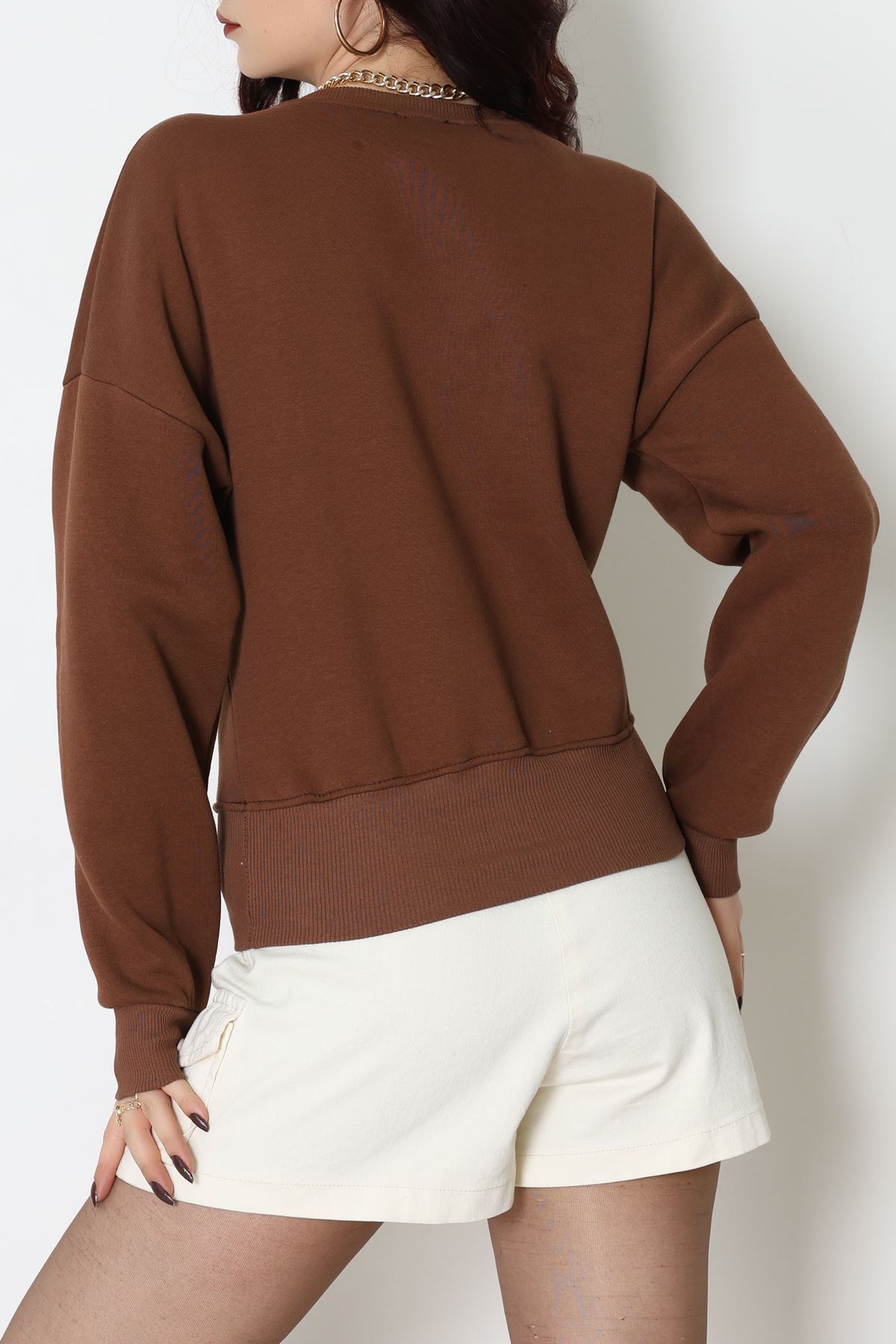 Bisiklet Yaka 3 İplik Crop Sweat Kahve - 20968.1878.