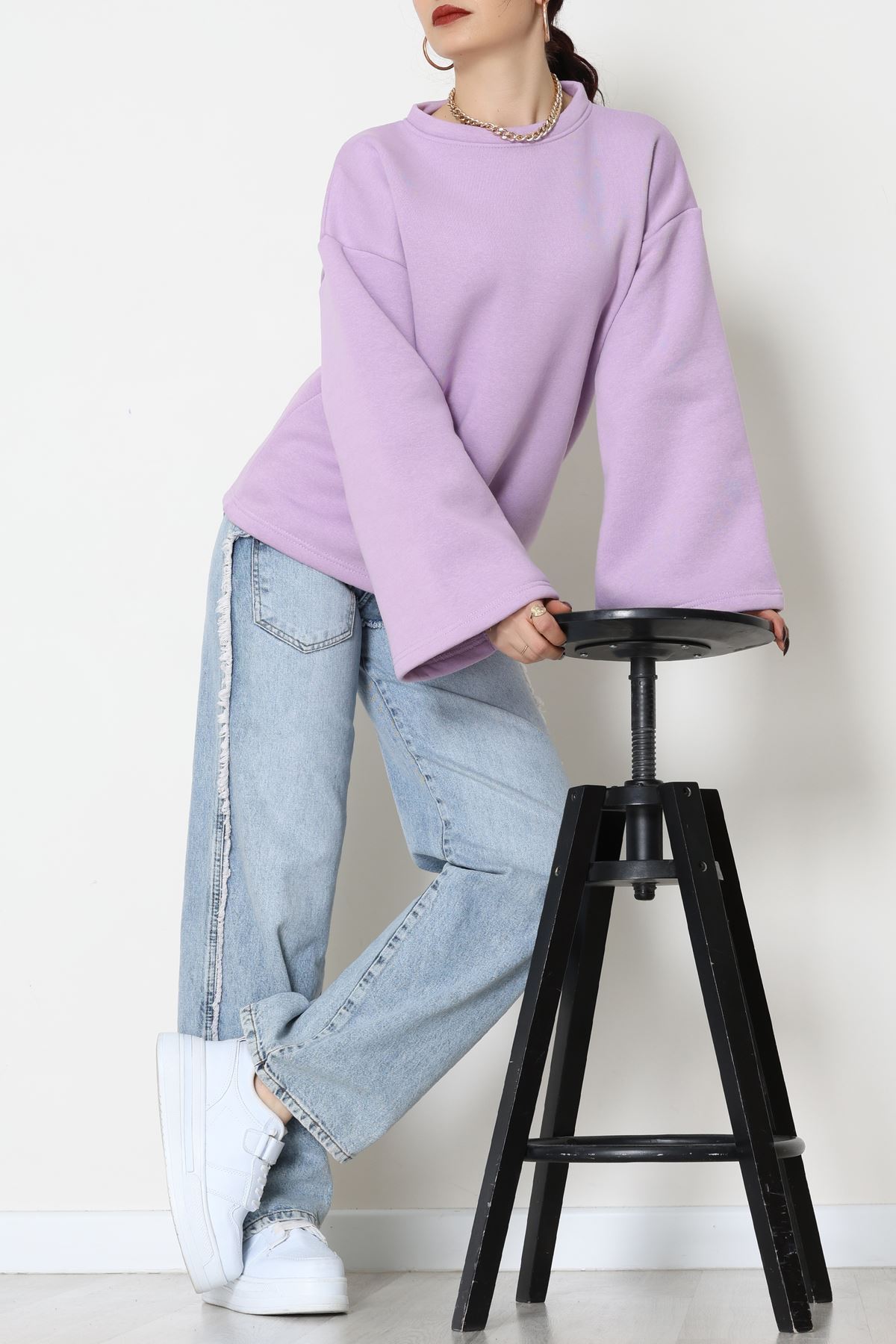 3 İplik Şardonlu İspanyol Kol Sweat Lila - 42606.1878.