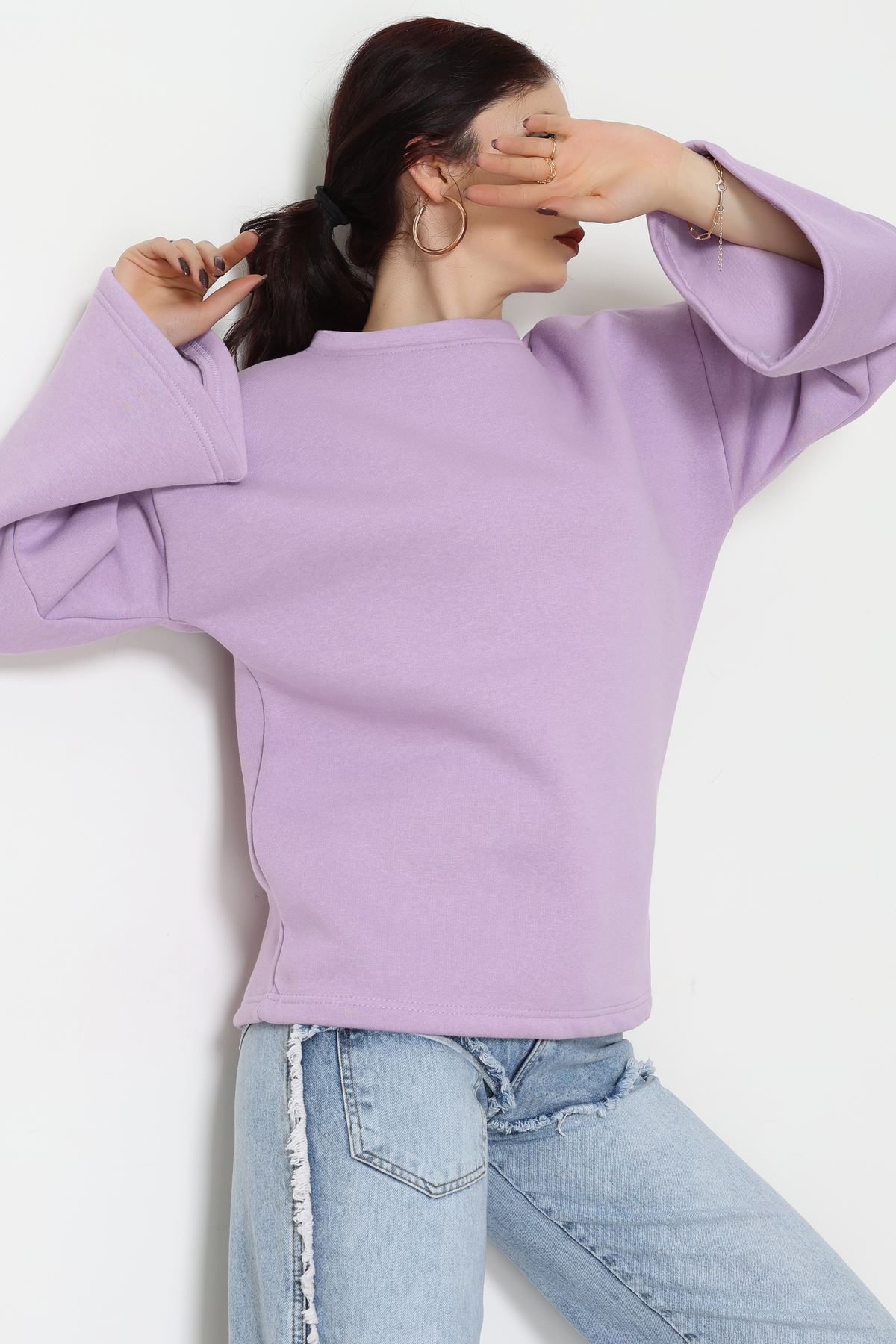 3 İplik Şardonlu İspanyol Kol Sweat Lila - 42606.1878.