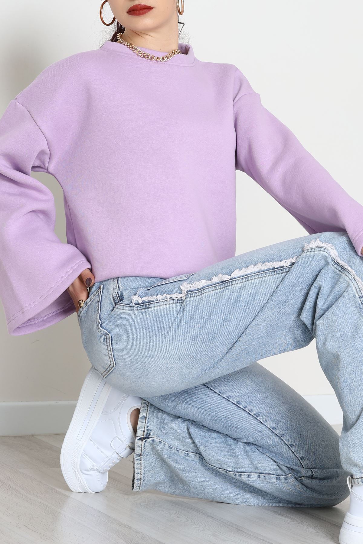 3 İplik Şardonlu İspanyol Kol Sweat Lila - 42606.1878.