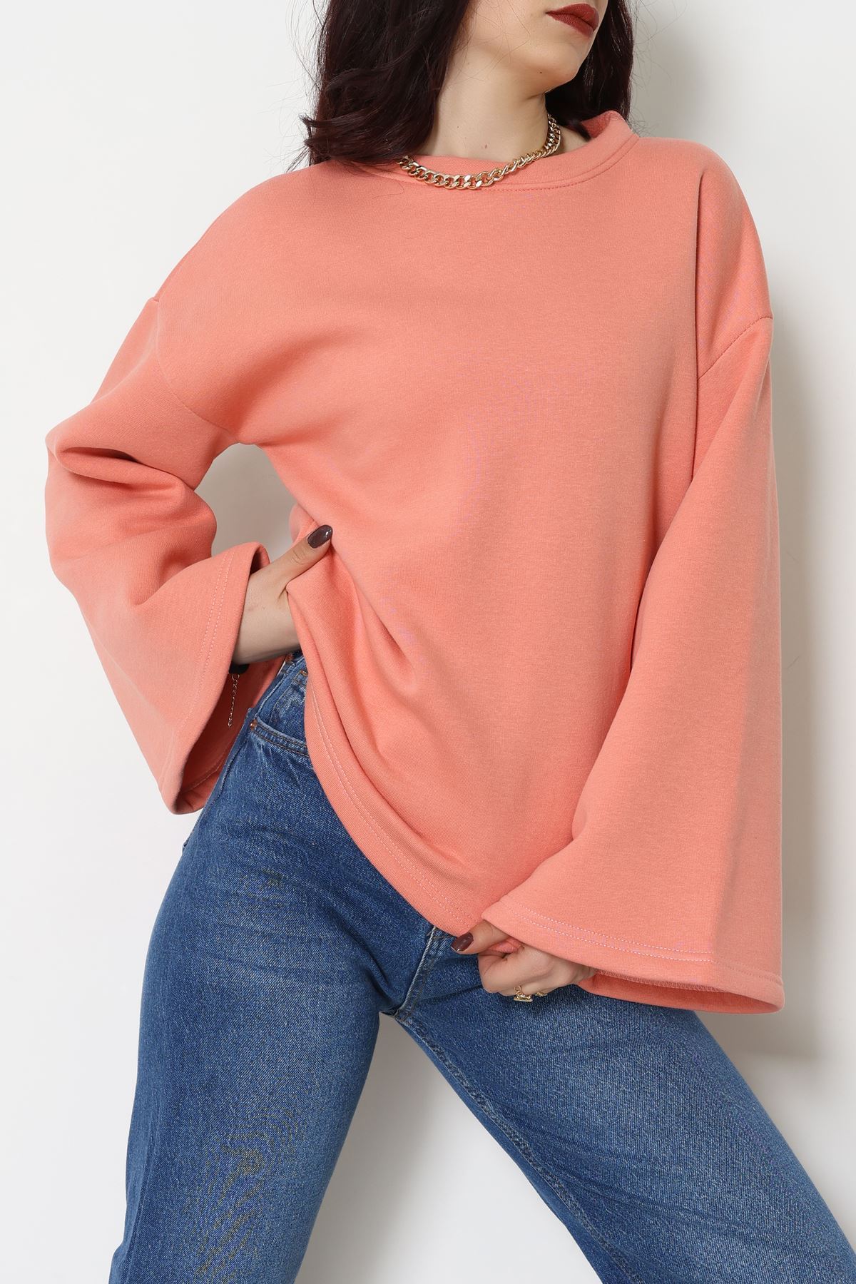 3 İplik Şardonlu İspanyol Kol Sweat Somon - 42606.1878.