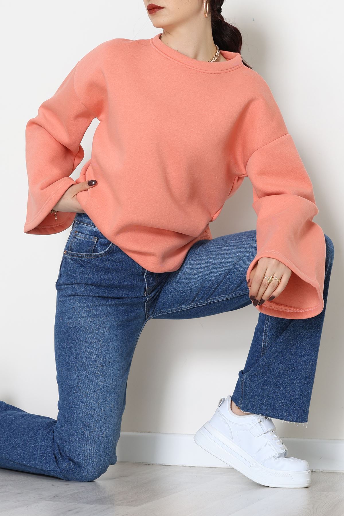 3 İplik Şardonlu İspanyol Kol Sweat Somon - 42606.1878.