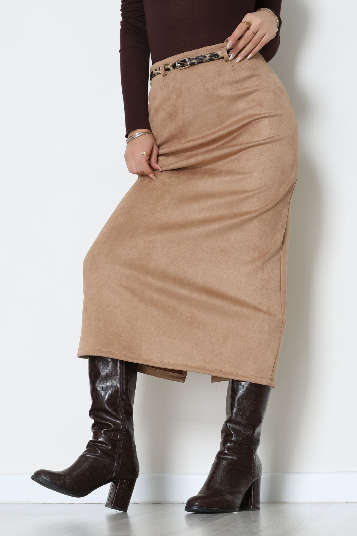 Kemerli Süet Etek Vizon - 60653.2126.