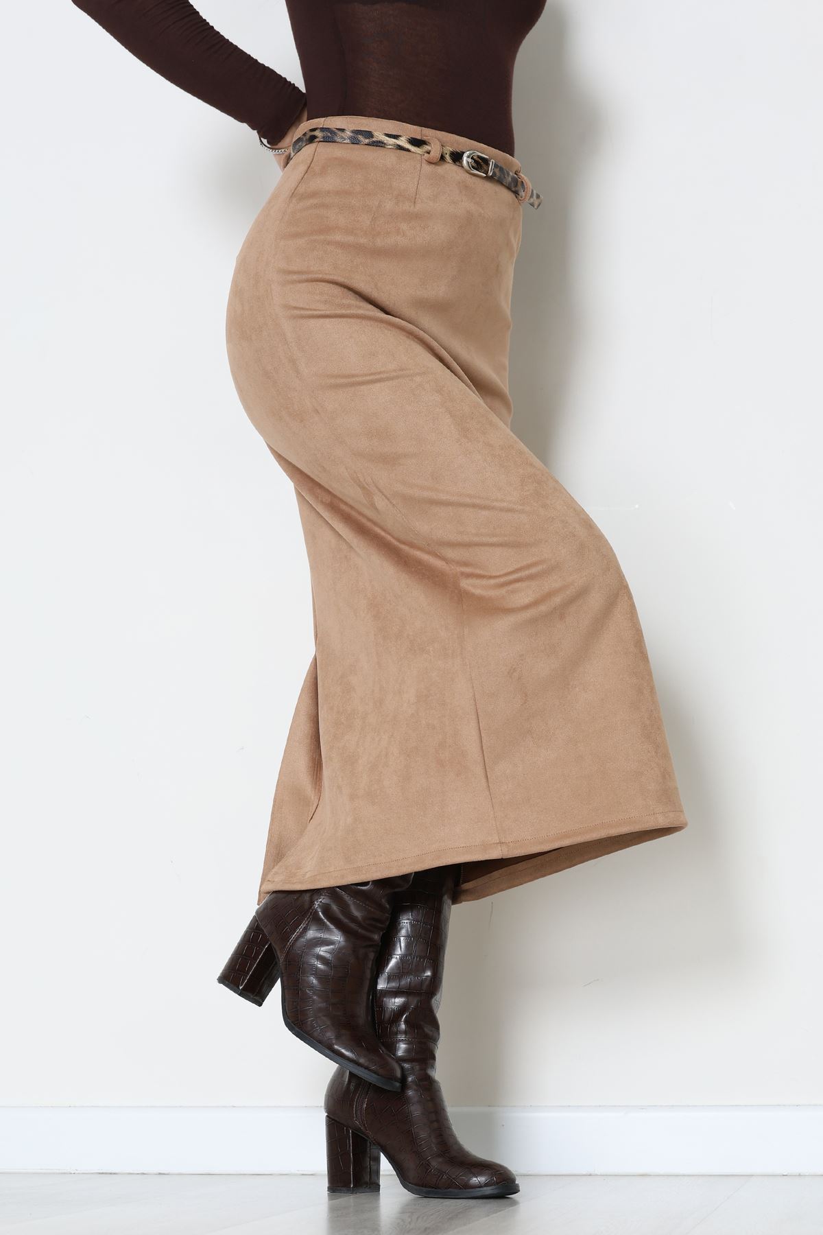 Kemerli Süet Etek Vizon - 60653.2126.