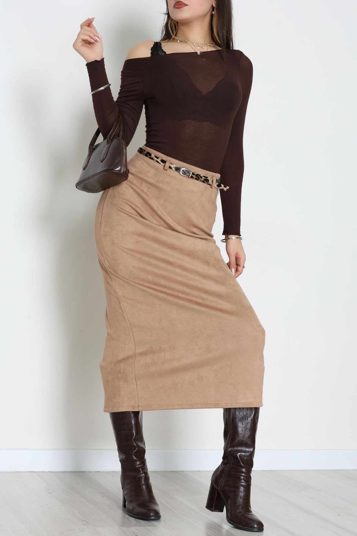 Kemerli Süet Etek Vizon - 60653.2126.