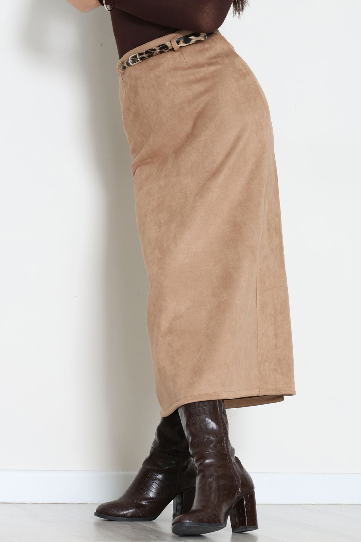 Kemerli Süet Etek Vizon - 60653.2126.