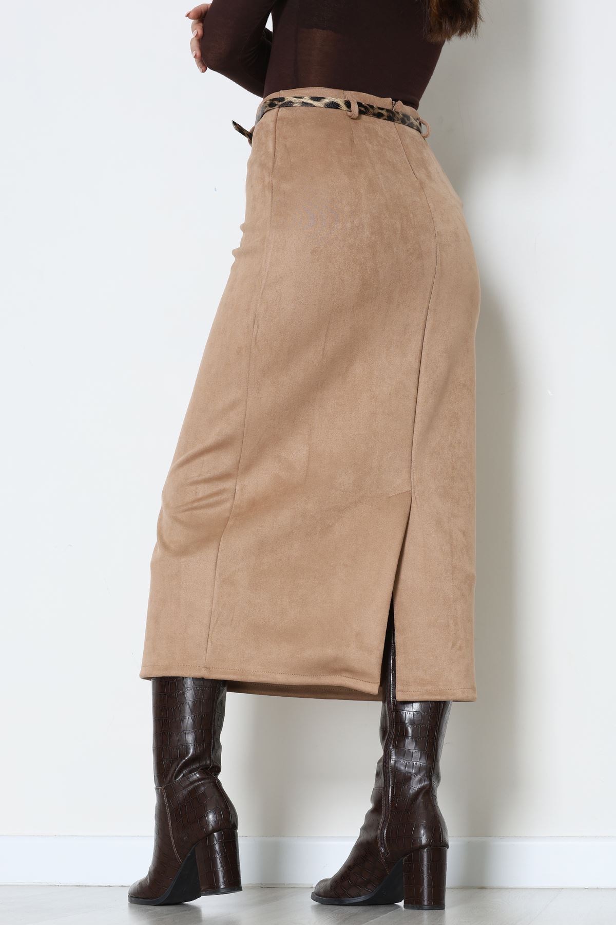 Kemerli Süet Etek Vizon - 60653.2126.