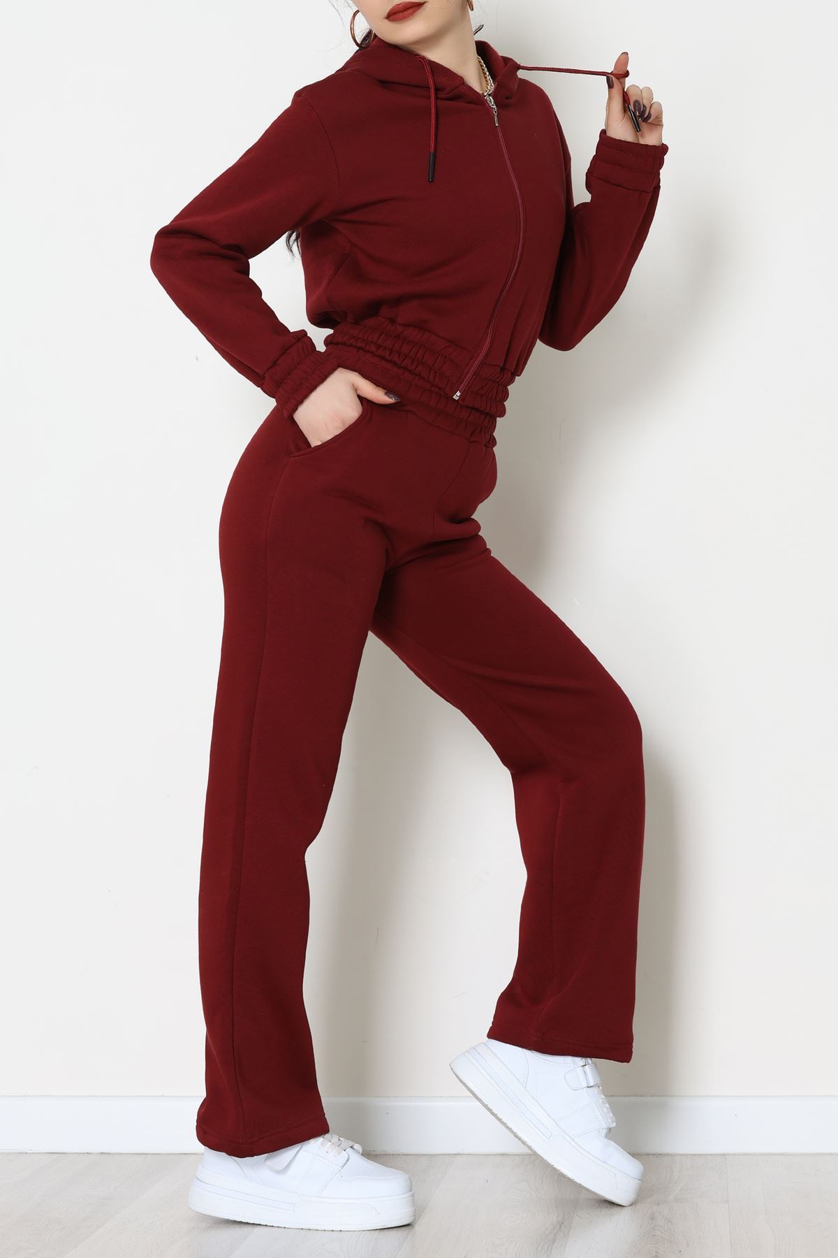 3 İplik Crop Palazzo Eşofman Takımı Bordo - 50914.1878.