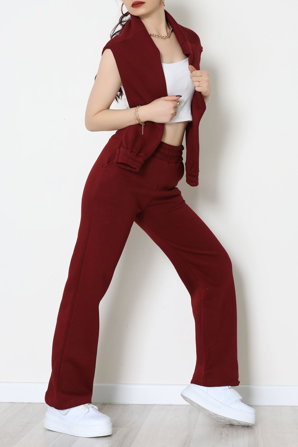 3 İplik Crop Palazzo Eşofman Takımı Bordo - 50914.1878.