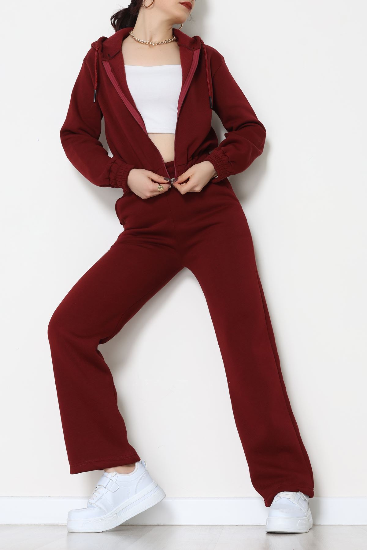 3 İplik Crop Palazzo Eşofman Takımı Bordo - 50914.1878.