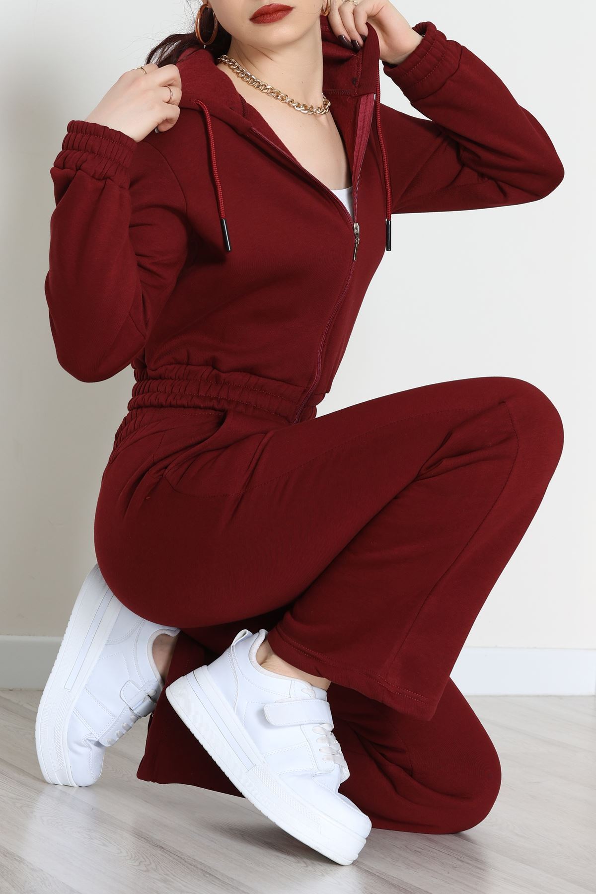 3 İplik Crop Palazzo Eşofman Takımı Bordo - 50914.1878.